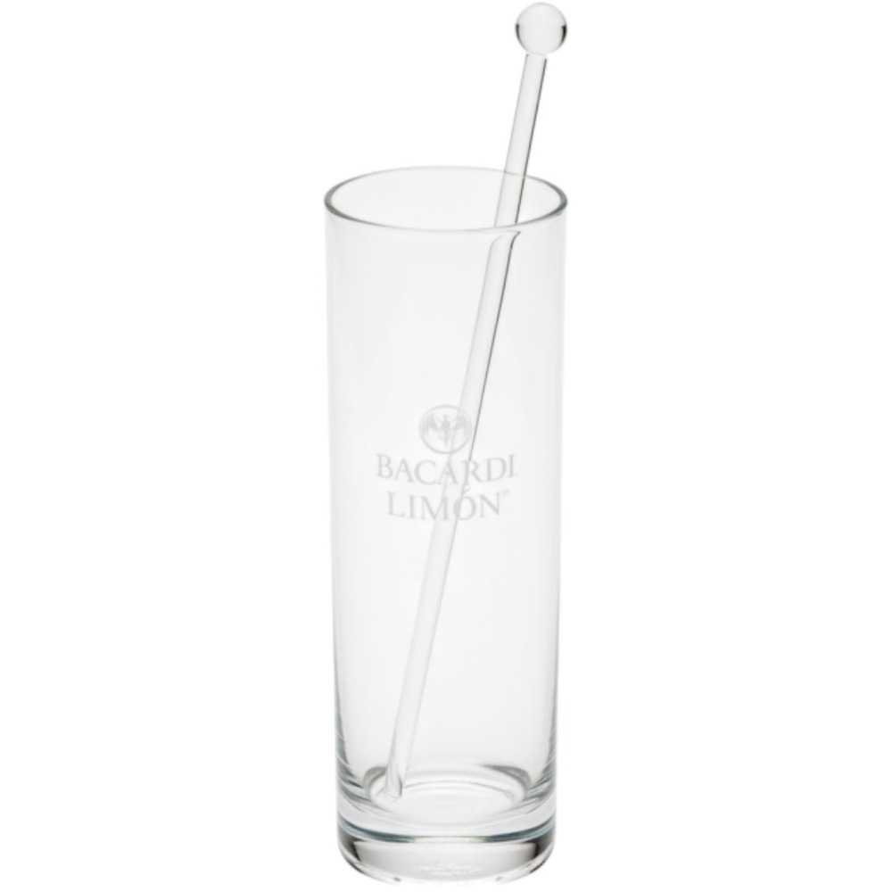 Bacardi Limon Highball Glass with Glass Stirrer Clear Etched Logo Barware 8.5in